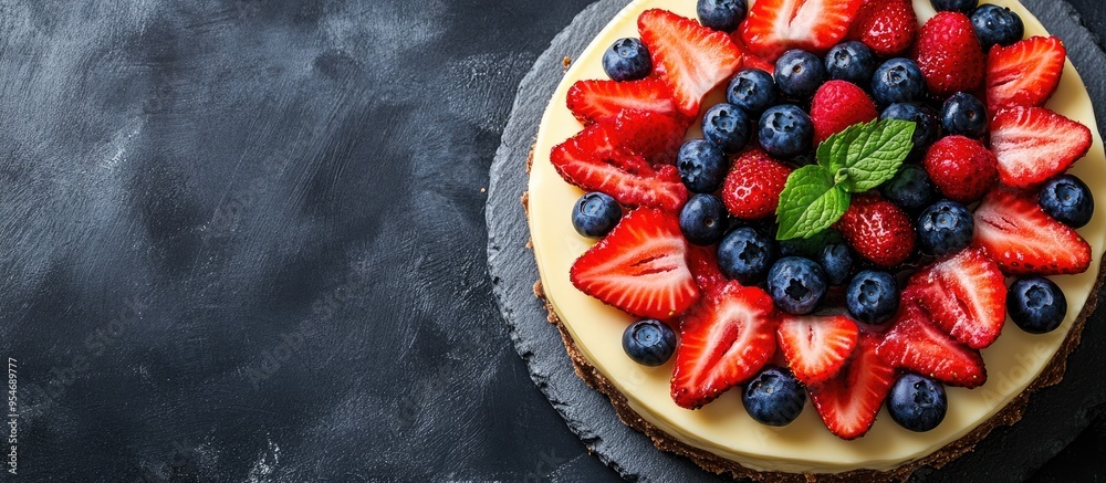 Poster cheesecake topped with strawberries and blueberries on a concrete background or surface top view fea