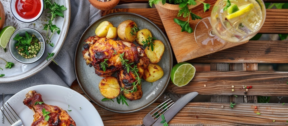 Aufkleber dinner table with fried chicken and potatoes alongside a refreshing mojito top view copy space dinin