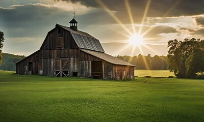 A weathered barn stands on a grassy field bathed in the golden light of a setting sun. - Powered by Adobe