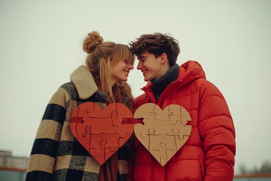 Neurodevelopment Parallel Young couple holding puzzle pieces shaped like hearts symbolizing the process of building love and understanding in their relationship