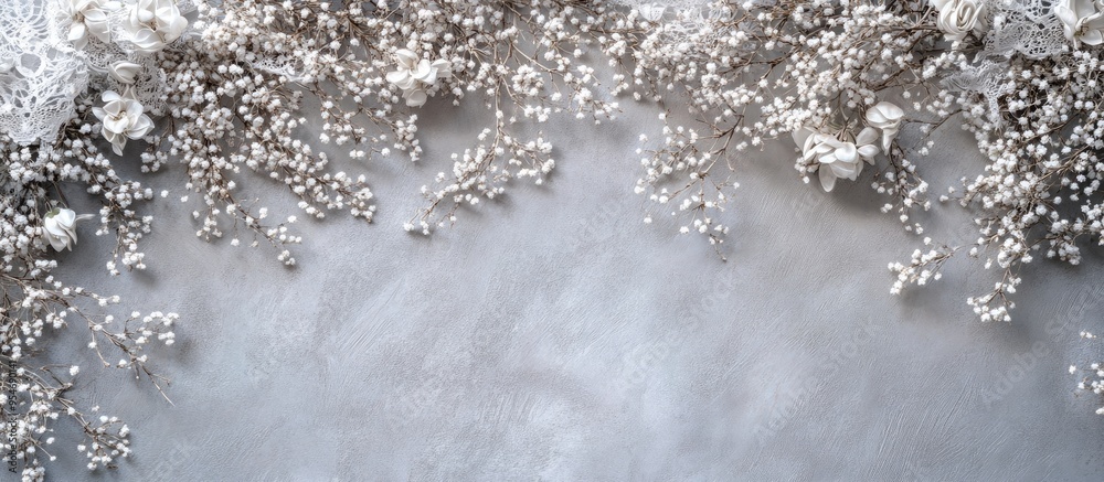 Poster silver lace adorned with clusters of small white flowers. with copy space image. place for adding te
