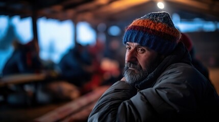 Migrant family in a temporary shelter, expressions of fatigue and relief, sense of refuge and safety, basic living conditions with simple furniture and shared spaces