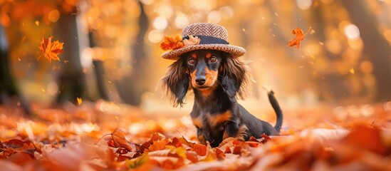 A Dachshund puppy in a hat for Halloween sits on autumn leaves Copyspace available for text