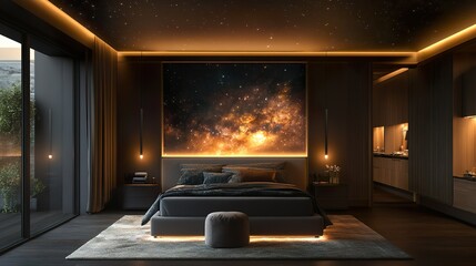 Fototapeta premium Intergalactic escape with a cosmic mural and glowing stars on the ceiling