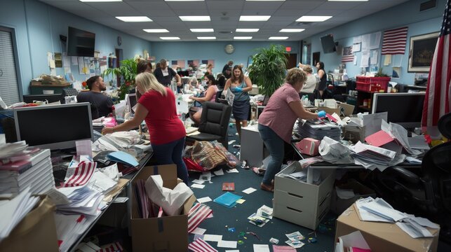 Numerous volunteers collaborate to sort through a chaotic campaign office filled with paperwork and supplies, embodying the spirit of community involvement during an election