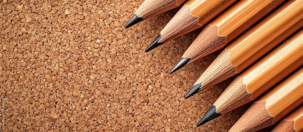 Poster A collection of wooden pencils placed on a cork board. with copy space image. Place for adding text or design