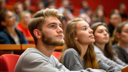 Obraz premium A diverse group of students is focused on a lecture in a university auditorium. The setting features bright red seating, creating a lively and engaging environment for learning