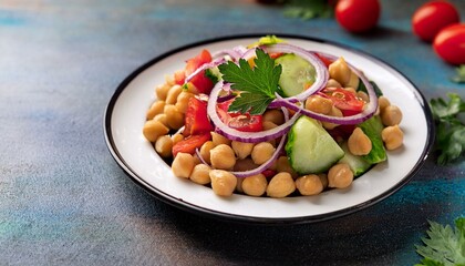 Chickpea salad with tomatoes, cucumbers, onions on a white background. Selective focus. Oriental and Mediterranean cuisine.