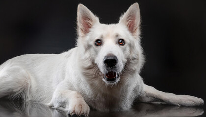Obraz premium White dog looking at the camera, black background.