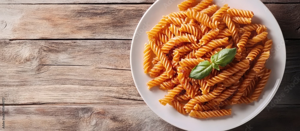 Fototapete plate of delicious whole wheat fusilli pasta in tomato sauce with dried pasta spread around. with co