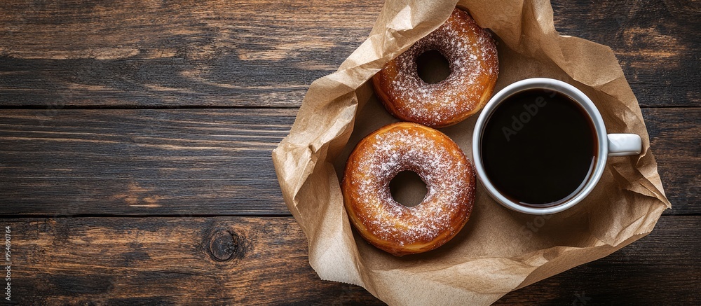 Leinwandbilder Overhead perspective of two enticing fresh doughnuts in brown paper wrapping alongside a cup of robust black espresso on a rustic wooden table. with copy space image. Place for adding text or design