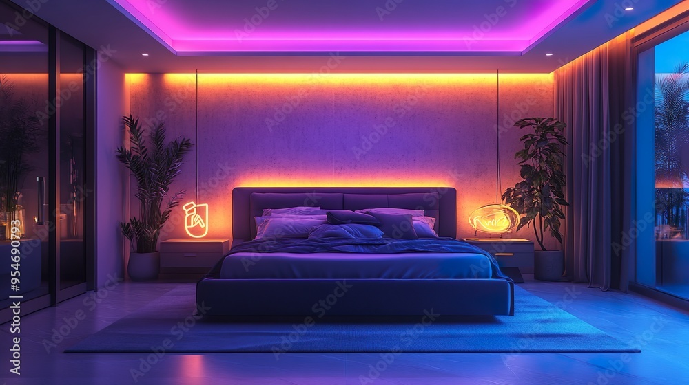 Wall mural Intergalactic bedroom with a cosmic mural and glowing stars on the ceiling