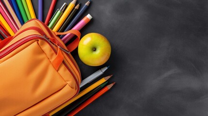 A brightly colored backpack overflows with various school supplies alongside a shiny green apple, all arranged on a dark surface, suggesting a back-to-school theme