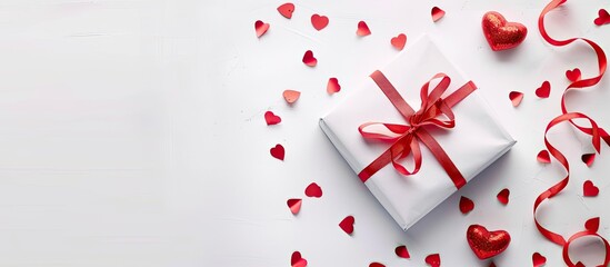 Obraz premium Festive Valentine s Day theme featuring a gift box on a white background Top view copyspace