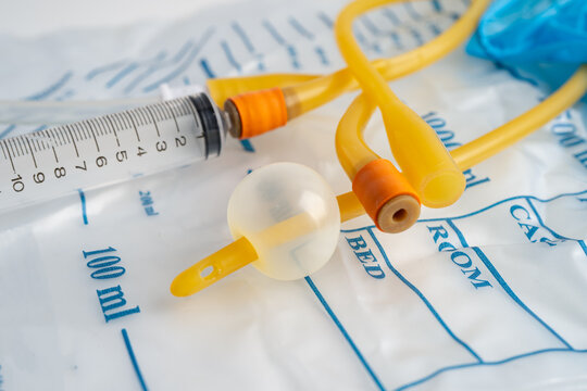 Foley urinary catheter with urine bag for disability or patient in hospital.