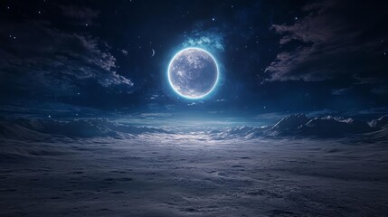 Fototapeta premium A mesmerizing night sky featuring a glowing moon surrounded by dramatic clouds and serene landscapes, perfect for tranquil scenes.