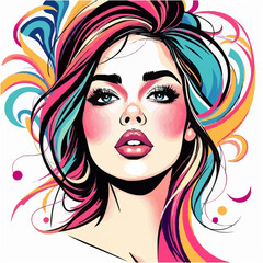 Beautiful colorful bliss. Stylized vector illustration of a woman's face blended with vibrant abstract swirls and shapes