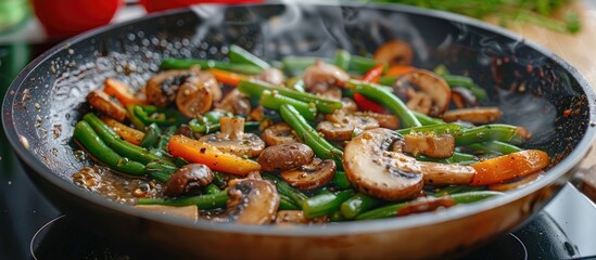 Frying pan with deliciously cooked mushrooms and green beans on the table. with copy space image. Place for adding text or design