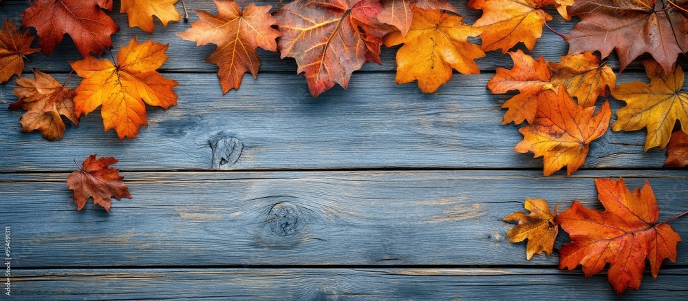 Fototapete Vibrant maple leaves on a wooden surface Thanksgiving autumn. with copy space image. Place for adding text or design