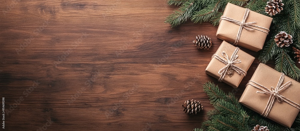 Poster Christmas gift boxes and a fir tree branch on a wooden table viewed from above Christmas background. with copy space image. Place for adding text or design