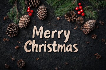Pinecone and Berry Collage: Photos of pinecones, holly berries, and evergreen branches, arranged in a rustic, natural design. The text "Merry Christmas" in a simple, natural font.