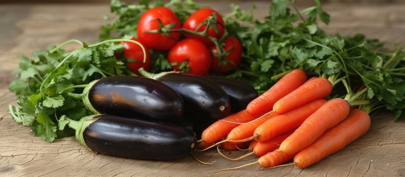 Indian vegetables including tomatoes carrots yams pointed gourd green chilies methi leaves cilantro and eggplants arranged on a wooden background with copy space