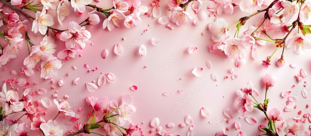 Poster flower arrangement spring or summer backdrop fresh bird cherry flowers on a pink background flat lay