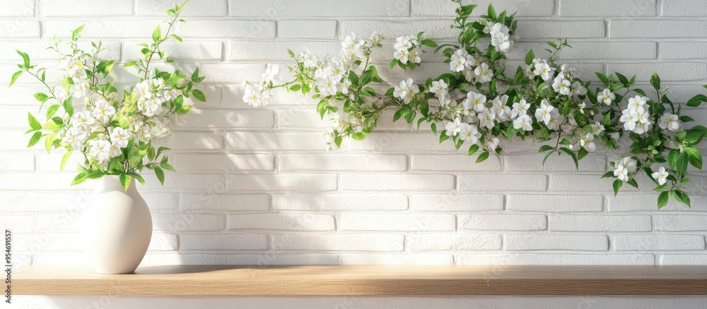 Fototapete wooden shelf featuring a vase with a lovely bouquet of jasmine flowers on a white brick wall providi