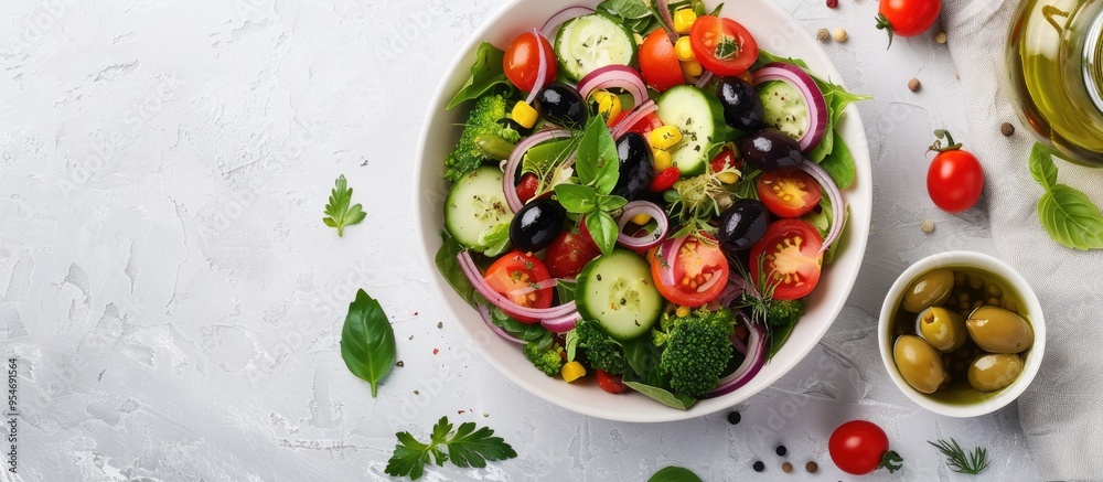 Poster mediterranean style salad featuring kalamata and green olives cherry tomatoes cucumber red onion and
