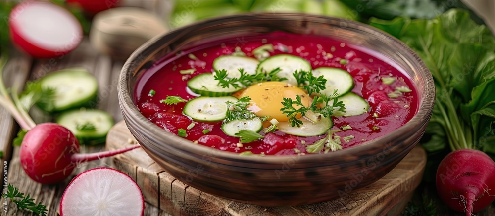 Leinwandbilder cold vegetable soup featuring beet cucumber radish and egg on a wooden table. with copy space image.