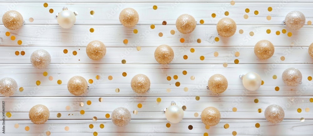 Aufkleber new year or christmas pattern flat lay top view featuring decorative golden toy balls and sparkles o