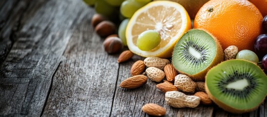 Fototapeta premium A variety of fresh fruits and nuts on a wooden table close up Tangerine kiwi grape apple sweetie lemon feijoa selective focus. with copy space image. Place for adding text or design