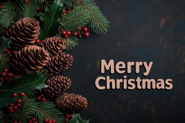 Pinecone and Berry Collage: Photos of pinecones, holly berries, and evergreen branches, arranged in a rustic, natural design. The text "Merry Christmas" in a simple, natural font.