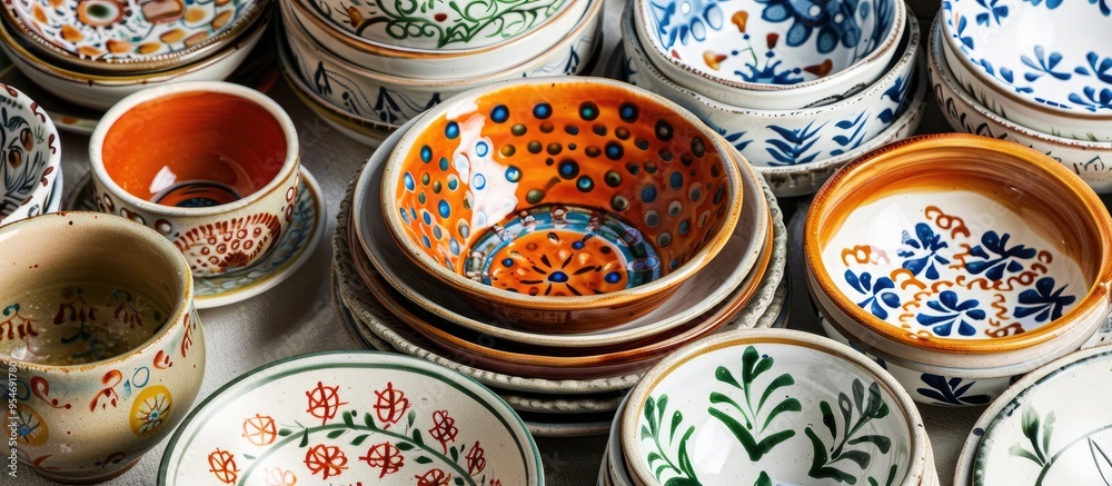 Poster hungarian rustic painted ceramics on a white background. with copy space image. place for adding tex