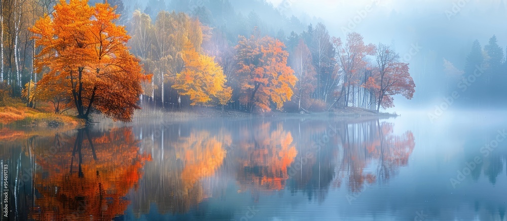 Fototapete autumn colored foggy lake. with copy space image. place for adding text or design
