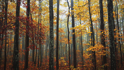 A serene forest scene showcasing vibrant autumn foliage with misty ambiance and tall trees.