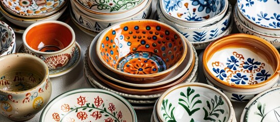 Hungarian rustic painted ceramics on a white background. with copy space image. Place for adding text or design