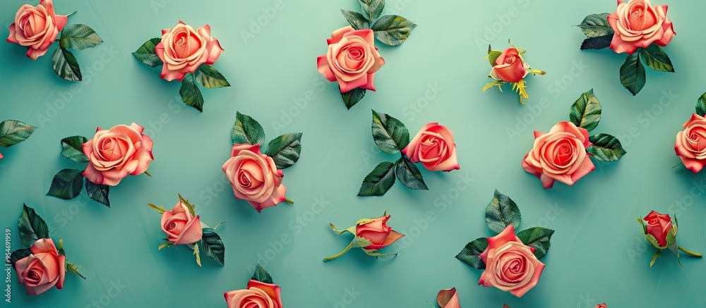 Poster arrangement of roses set against a colored background overhead top view flat lay copy space concepts