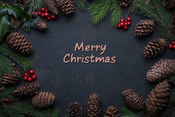 Pinecone and Berry Collage: Photos of pinecones, holly berries, and evergreen branches, arranged in a rustic, natural design. The text "Merry Christmas" in a simple, natural font.