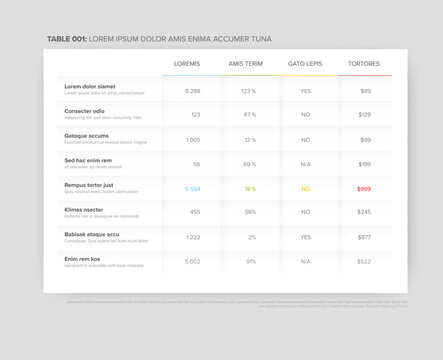 Multipurpose simple table layout template with nice minimalistic design - light color version with shadows around the table on the light gray background