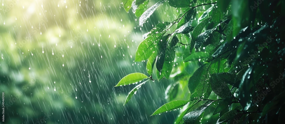 Poster rain showers fall on tree leaves capturing close up rainfall in the jungle heavy rain descends on fo