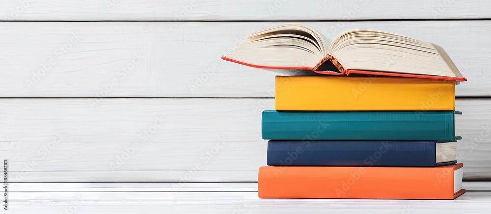 Aufkleber open hardback books in various colors are placed on a wooden table against a white background back t