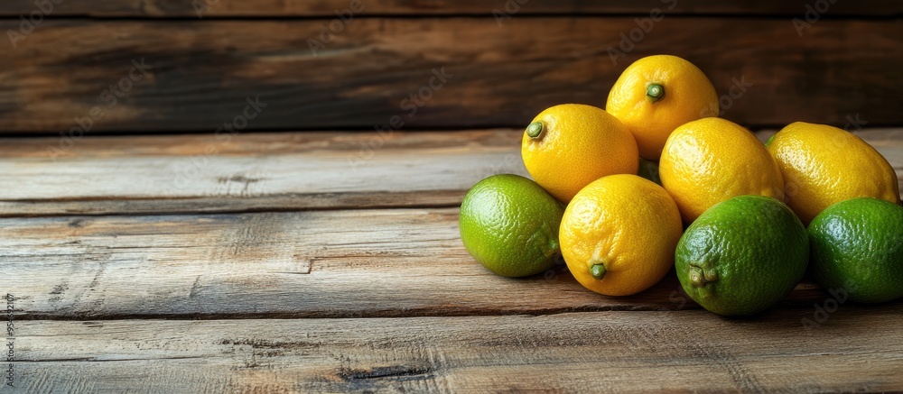 Aufkleber lemons and limes on a wooden surface. with copy space image. Place for adding text or design