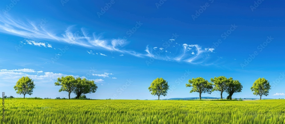 Aufkleber Trees positioned in a buckwheat field under a blue sky. with copy space image. Place for adding text or design