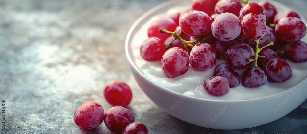Poster red glove grapes on yogurt for a nutritious breakfast. with copy space image. place for adding text 