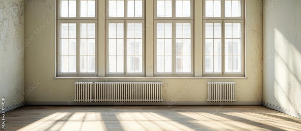Poster Vacant room with windows and a radiator in natural light. with copy space image. Place for adding text or design