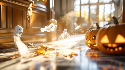 A haunted house attraction with vintage luxury design, with ghosts emerging from shadows and pumpkins placed at the entrance