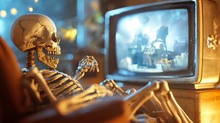 A spooky Halloween scene with a vintage luxury theme, showing a zombie watching a horror movie marathon on a retro TV