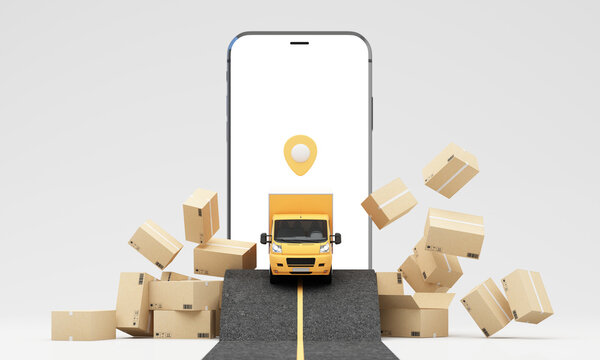 Delivery van car. yellow car with packaging. Shipping, delivery service, cargo and carton. Transportation fast delivery. Fast parcel delivery to buyers safely and on time. 3D render illustration