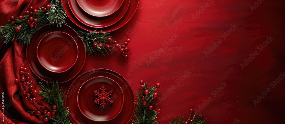 Aufkleber Several red plates are arranged on a red tablecloth accompanied by Christmas tree branches on the table Christmas concert. with copy space image. Place for adding text or design